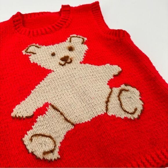 Vintage Hand Knitted Sweater Vest Teddybear Red Kids Size 4/5 - Picture 1 of 8